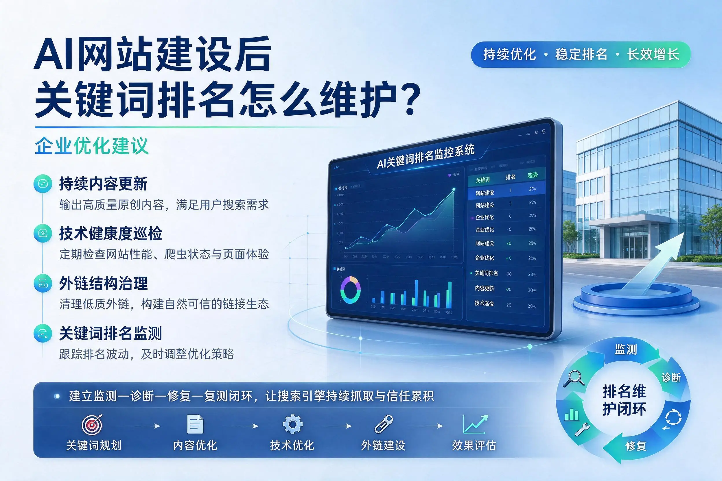AI网站建设后关键词排名怎么维护?可克达拉企业优化建议